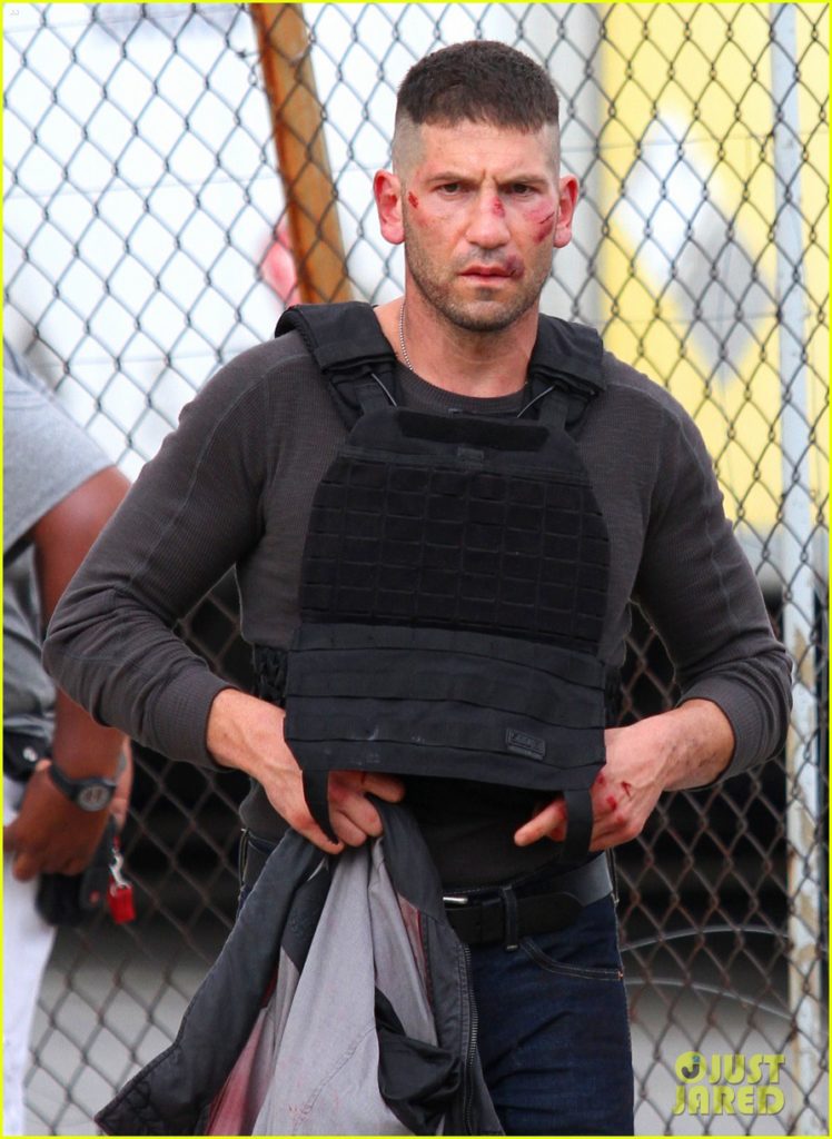 **USA ONLY** New York, NY - Jon Bernthal with cuts, bruises and blood on his face filming the second season of Netflix's Daredevil where he will be playing The Punisher.  The sweat mark on his chest appears to be showing a skull like figure.  In the comics he wears the traditional skull t-shirt. The scene was taking place in Greenpoint, Brooklyn where also Irish-thugs steal The Punisher's Dog. AKM-GSI      August 17, 2015 **USA ONLY**  **MANDATORY CREDIT MUST READ: Luis Jr - Rodrigo/AKM-GSI** To License These Photos, Please Contact : Steve Ginsburg (310) 505-8447 (323) 423-9397 steve@akmgsi.com sales@akmgsi.com or Maria Buda (917) 242-1505 mbuda@akmgsi.com ginsburgspalyinc@gmail.com