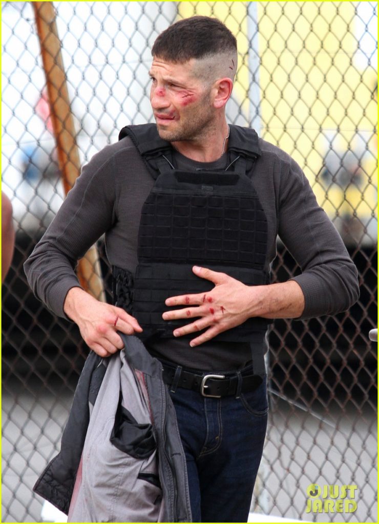 **USA ONLY** New York, NY - Jon Bernthal with cuts, bruises and blood on his face filming the second season of Netflix's Daredevil where he will be playing The Punisher.  The sweat mark on his chest appears to be showing a skull like figure.  In the comics he wears the traditional skull t-shirt. The scene was taking place in Greenpoint, Brooklyn where also Irish-thugs steal The Punisher's Dog. AKM-GSI      August 17, 2015 **USA ONLY**  **MANDATORY CREDIT MUST READ: Luis Jr - Rodrigo/AKM-GSI** To License These Photos, Please Contact : Steve Ginsburg (310) 505-8447 (323) 423-9397 steve@akmgsi.com sales@akmgsi.com or Maria Buda (917) 242-1505 mbuda@akmgsi.com ginsburgspalyinc@gmail.com